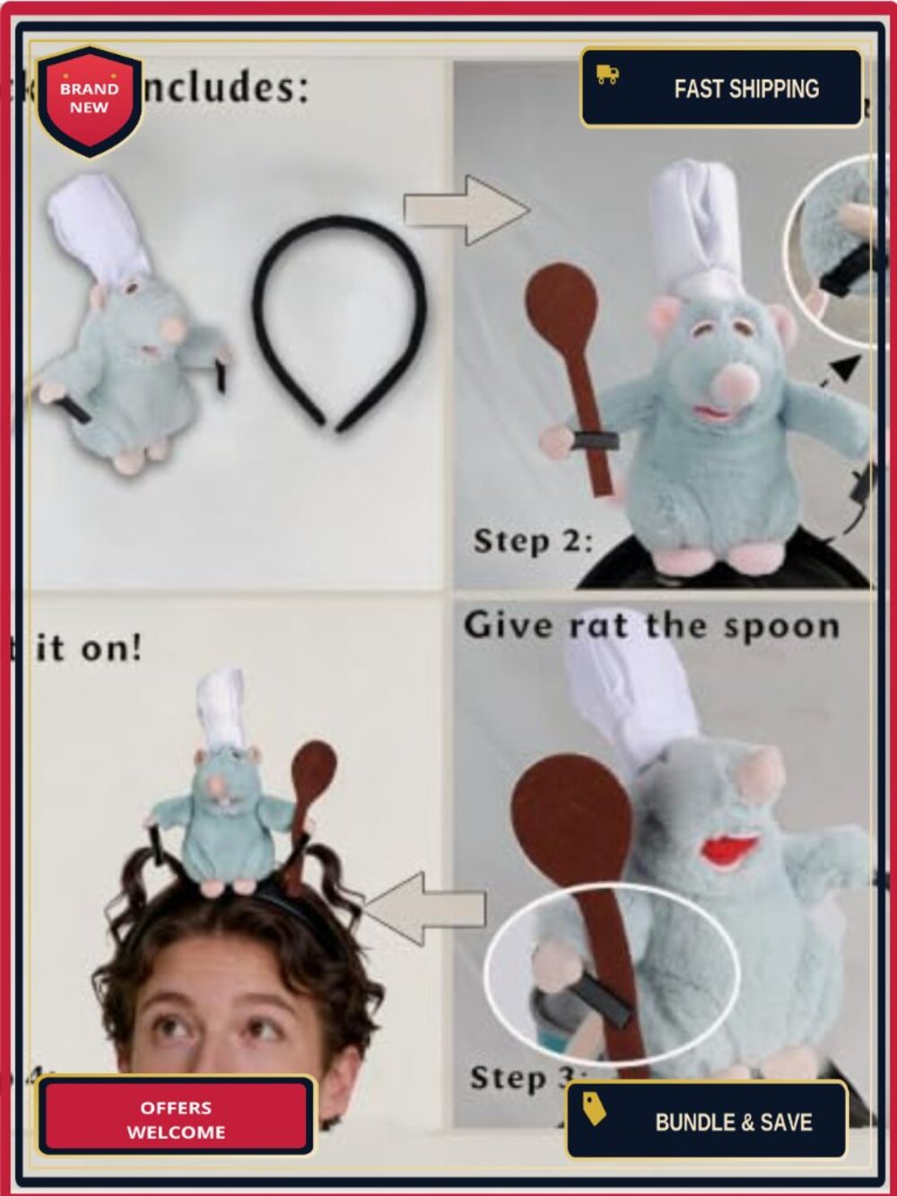 Plush Rat Headband Costume Set with Felt Spoon for Halloween Cosplay - Picture 4 of 5